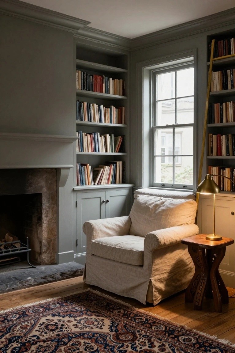Corner of a sage green room with built-in wooden bookshelves on two walls around a stone fireplace, a cream slipcovered armchair beside a brass lamp on a carved wooden side table, and a patterned rug on hardwood floors.