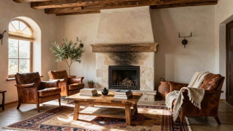 18 Stunning Rustic Villa Interior Design Ideas With Old World Ease Rustic living room interior with exposed wooden ceiling beams, large arched stone fireplace on whitewashed walls, brown leather sofa and armchair, wooden coffee table with stacked books, Persian rug, potted olive tree, and arched window with bamboo shade.