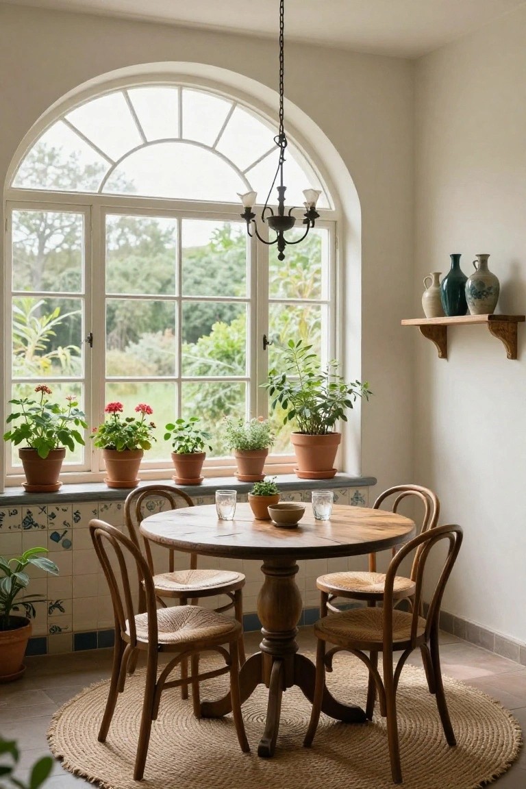 Bright kitchen dining area with round wooden pedestal table, four woven chairs on jute rug, multiple potted plants on windowsills and table, arched window with garden view, wooden chandelier overhead, blue tiled backsplash.