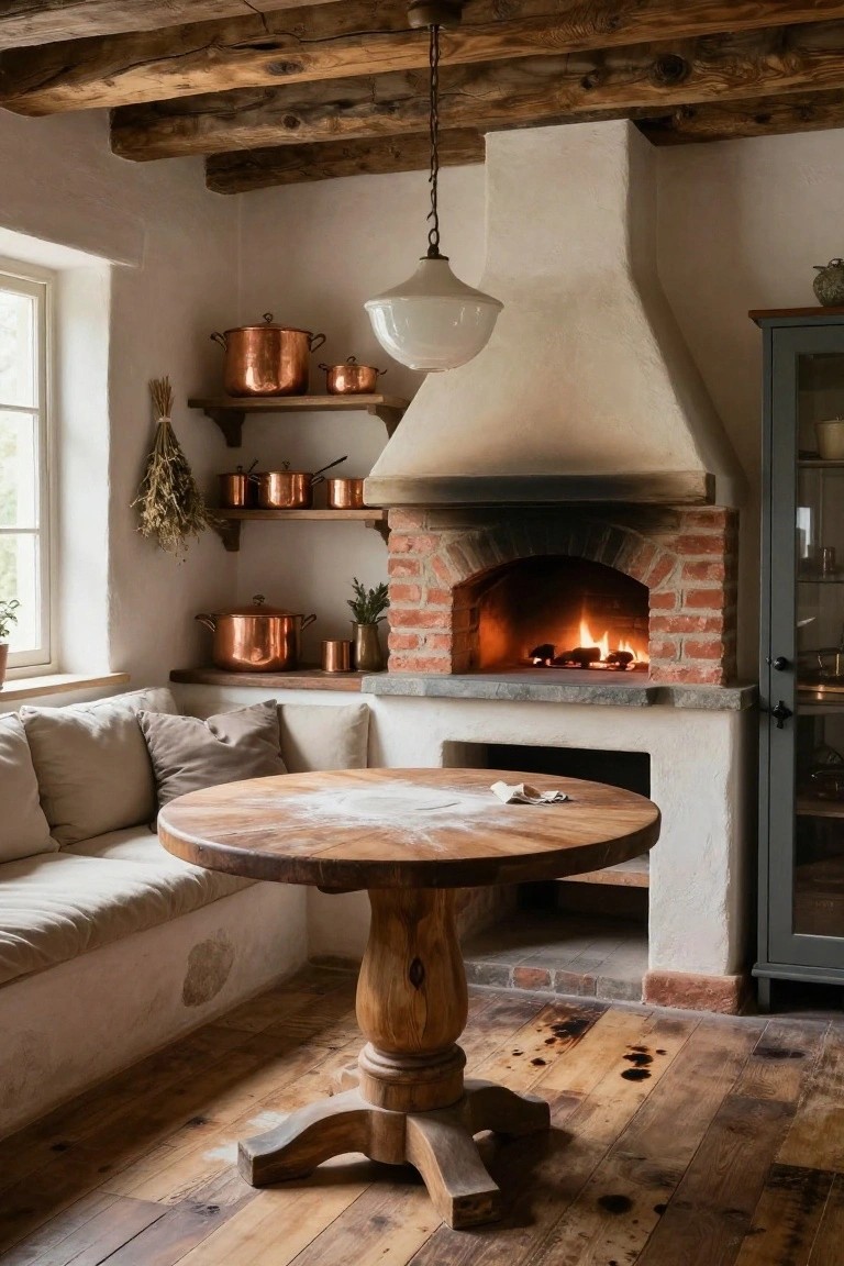 Rustic kitchen interior with a brick wood-fired oven in the corner, copper pots on wooden shelves, round wooden table dusted with flour and built-in cushioned bench seating, white plaster walls, wooden beams, and wide-plank floors.