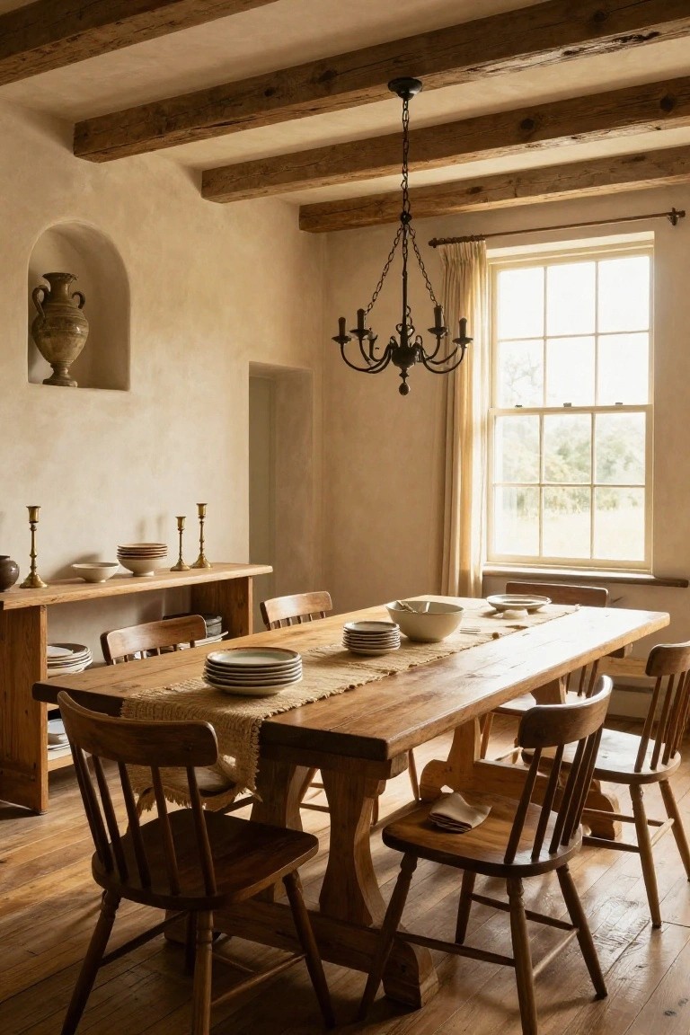 Rustic dining room interior with exposed wooden ceiling beams, long wooden table set with stacked plates bowls and runner, wooden chairs, sideboard with ceramics and candlesticks, black iron chandelier, arched wall niche with vase, and large window with curtains.
