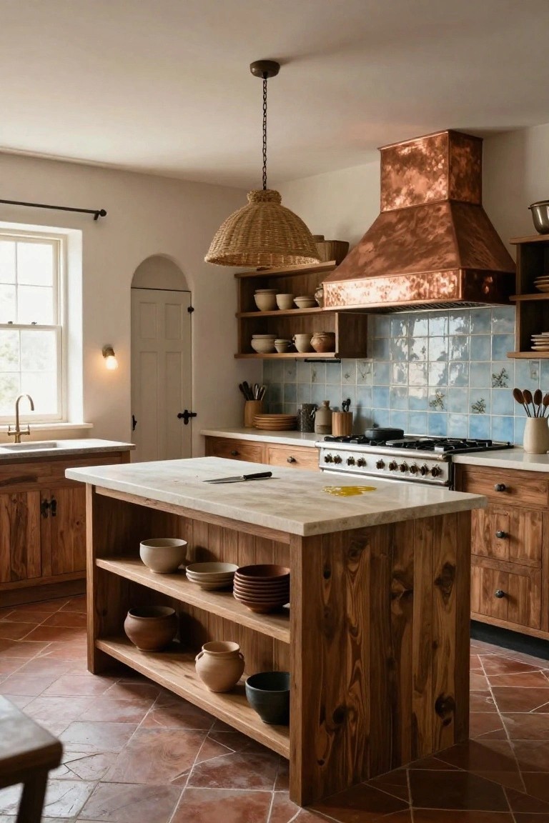 Rustic kitchen interior with large wooden island featuring open lower shelving stocked with ceramic bowls and pots, flanked by matching wood cabinets, blue hand-painted tile backsplash, copper range hood, and terracotta tile floors.