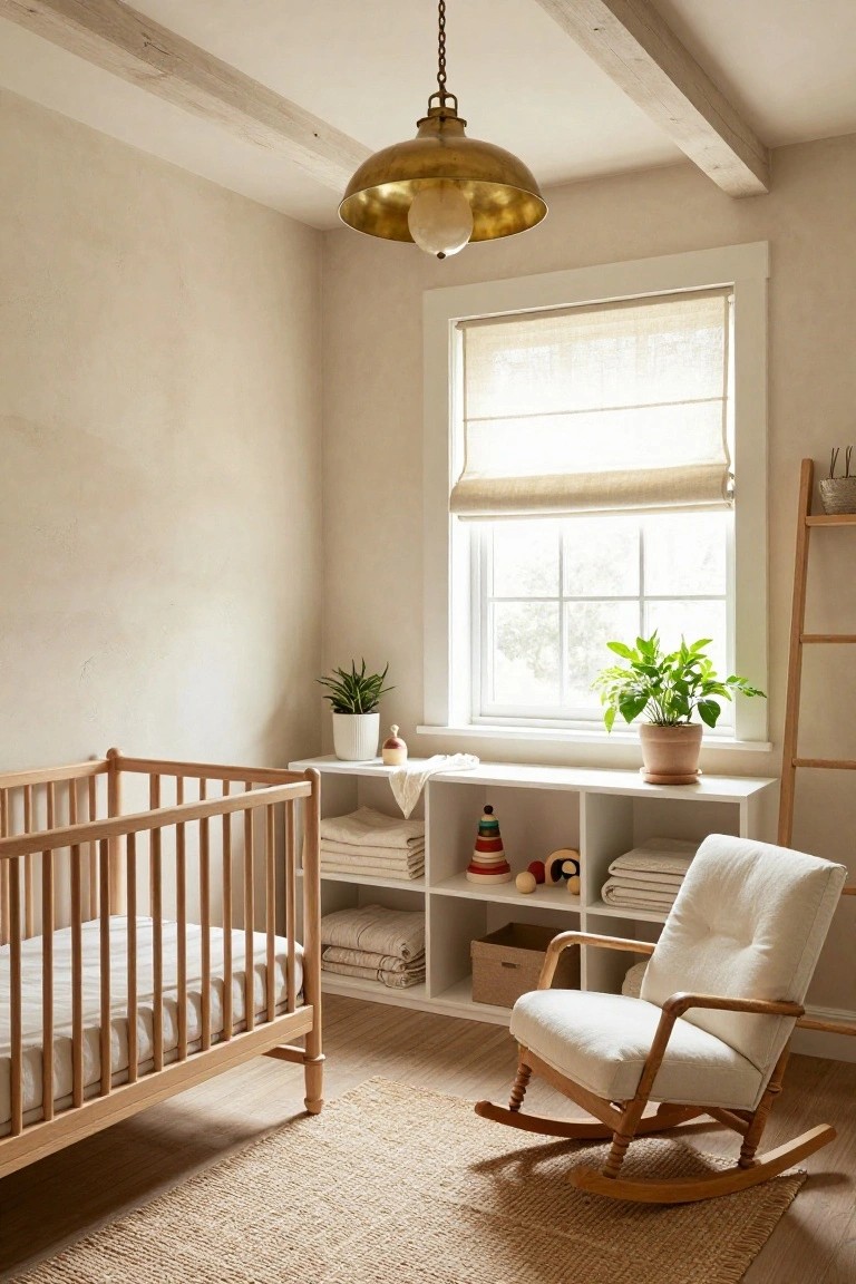 Light beige nursery room with wooden slat crib containing white sheets, white cube shelving unit stocked with toys linens and basket, wooden rocking chair on jute rug, wooden ladder shelf holding plant beside window with linen roman shade, brass pendant light hanging from exposed beam ceiling.