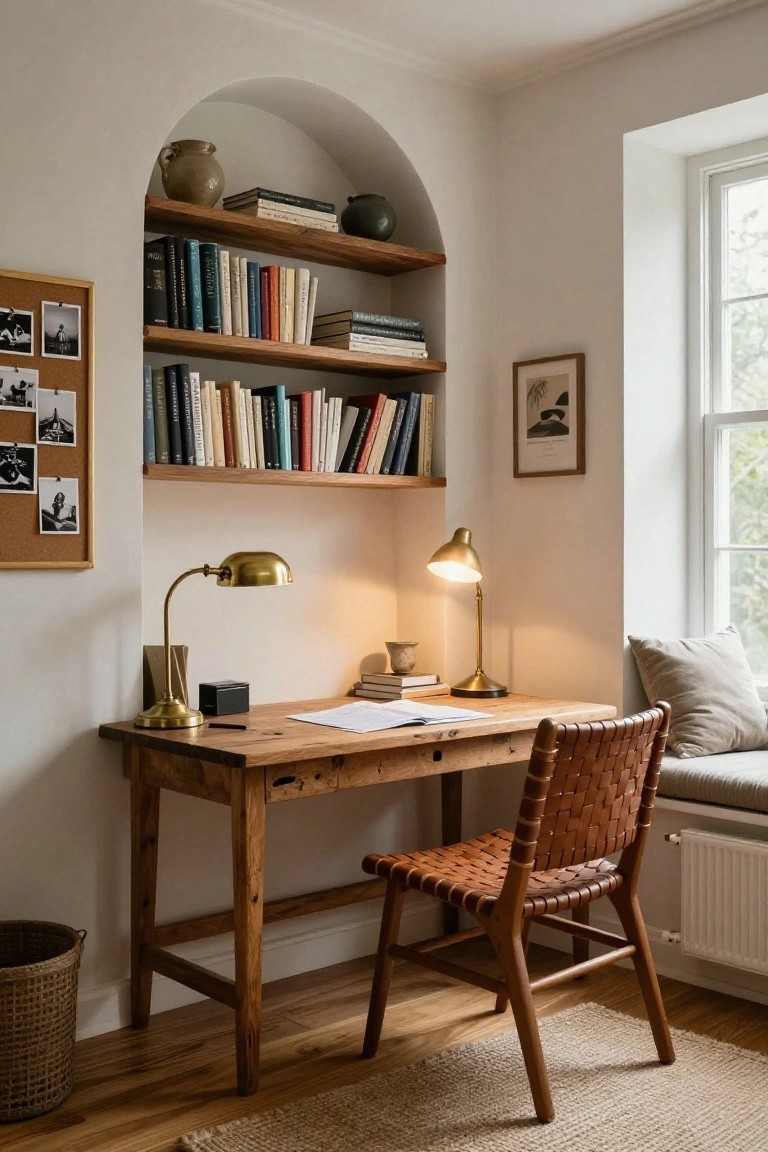 Cozy indoor study corner with rustic wooden desk, wicker chair, arched wooden bookshelves filled with books and pottery, brass desk lamps, corkboard, and window seat in white-walled room.