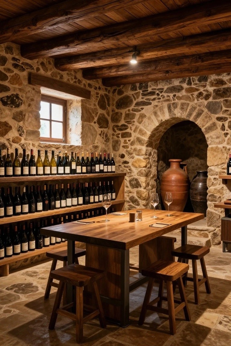 Rustic stone-walled wine cellar with wooden beams, extensive wooden racks filled with wine bottles, large terracotta pots, arched niche, wooden table with stools, and wine glasses.