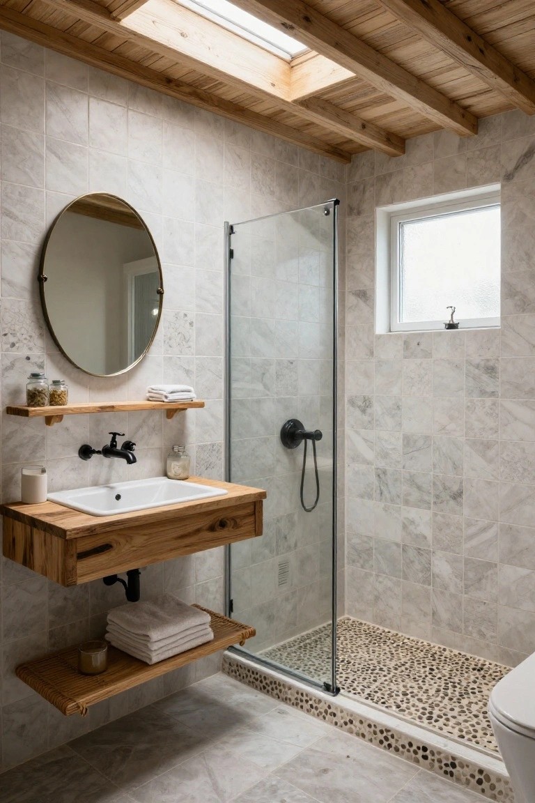 Bathroom interior featuring a floating wooden vanity with white sink, brass round mirror, wooden shelves, glass shower with pebble floor, gray marble tiles, wooden beamed ceiling, and skylight.
