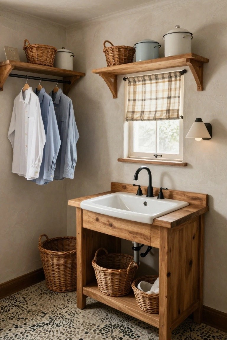 Rustic indoor laundry room with wooden cabinet supporting white sink, black faucet, hanging rod with shirts, wicker baskets, and wooden shelves.