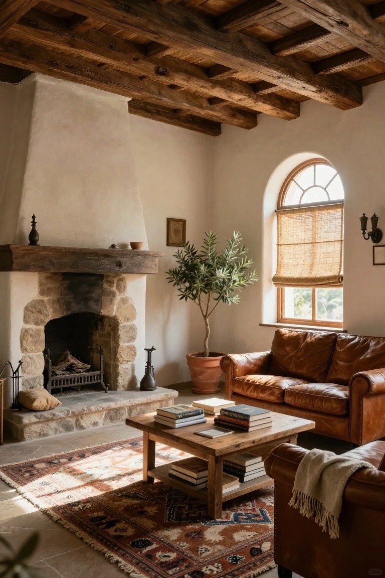 Rustic living room interior with exposed wooden ceiling beams, large arched stone fireplace on whitewashed walls, brown leather sofa and armchair, wooden coffee table with stacked books, Persian rug, potted olive tree, and arched window with bamboo shade.