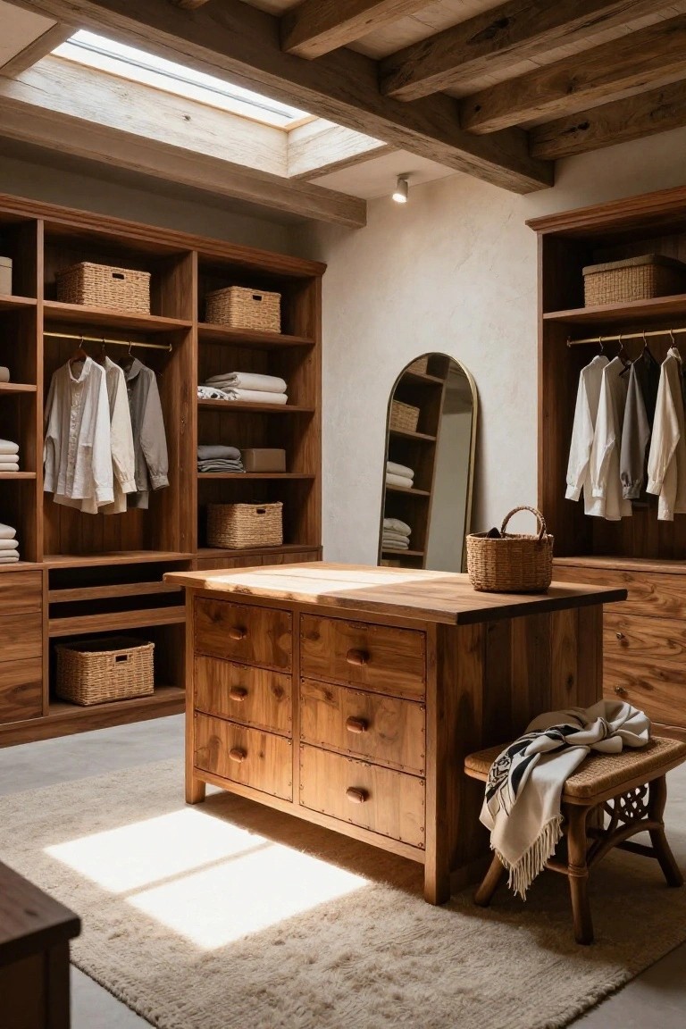 Sunlit rustic walk-in closet with wooden built-in wardrobes, central freestanding wooden island dresser with drawers, arched mirror on wall, woven baskets, and stool nearby.