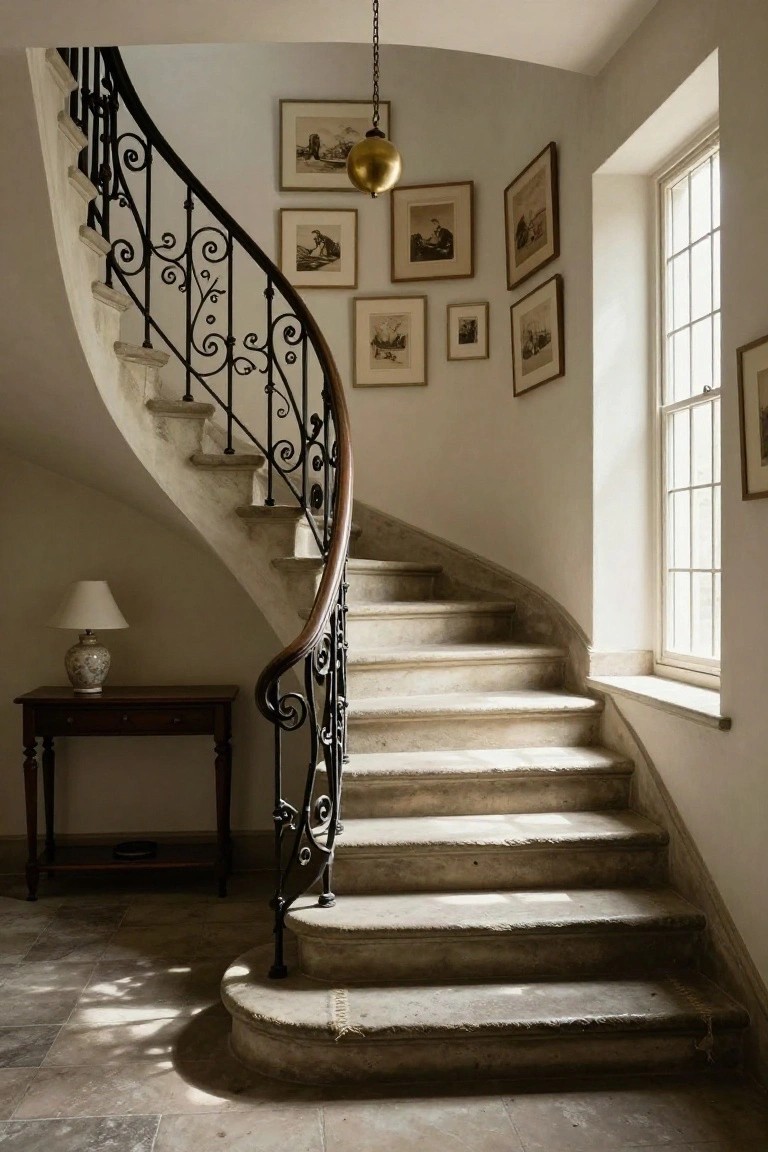Curved beige stone staircase with black wrought-iron balustrade in a light interior, gold pendant light overhead, framed artwork on walls, large window, and wooden console table with ceramic lamp.