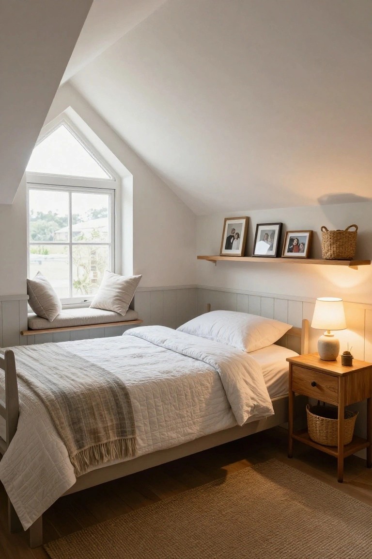 Cozy attic bedroom with white walls, sloped ceilings, a wooden single bed with white quilt and throw, built-in window seat with pillows under a triangular window, wooden shelves holding framed photos and a basket, wooden bedside table with lamp and basket.