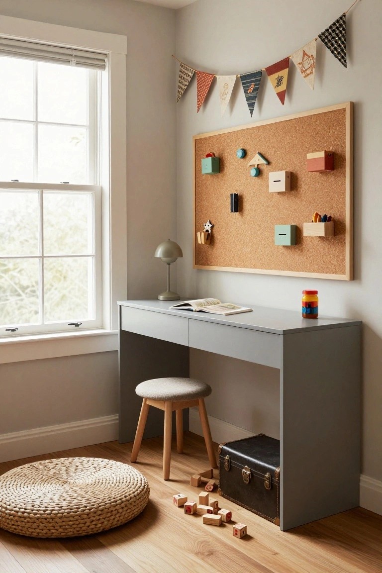Children's room corner with light gray walls, large corkboard displaying colorful wooden boxes and toys, gray desk holding a lamp and open book, gray stool, woven pouf stool, wooden blocks, and black trunk on light wood floor.