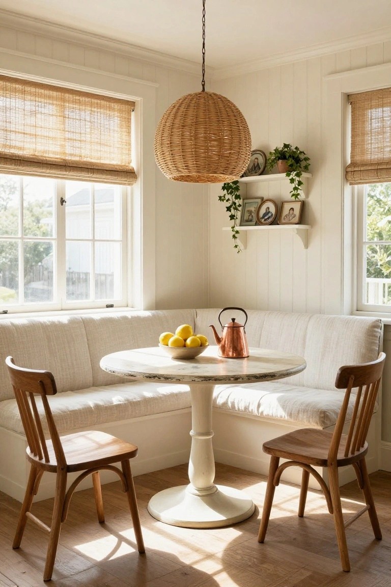 Corner kitchen nook with built-in white upholstered bench seating, round white pedestal table holding a copper teapot and bowl of lemons, two wooden chairs, bamboo window shades, woven pendant light, and wall shelves with plants and photos in a white paneled room.