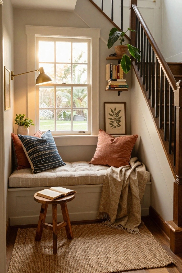 Light-filled interior nook with a cushioned linen bench seat under a large window, layered pillows in blue and orange, a beige throw blanket, wooden stool with open book, potted plants, brass lamp, bookshelves on stairs, and seagrass rug on wood floor.