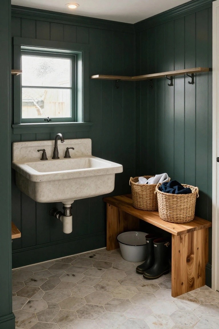 Small mudroom with dark green shiplap walls, wall-mounted white farmhouse sink with bronze faucet, wooden bench next to wicker baskets and rubber boots on hexagonal tile floor.