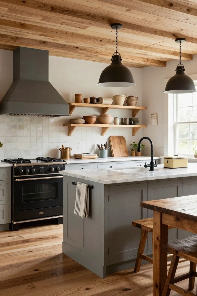 A modern farmhouse kitchen with exposed wooden beam ceilings, white subway tile backsplash, gray lower cabinets and island, black range hood and fixtures, open wood shelves with pottery, and wooden stools at the island.