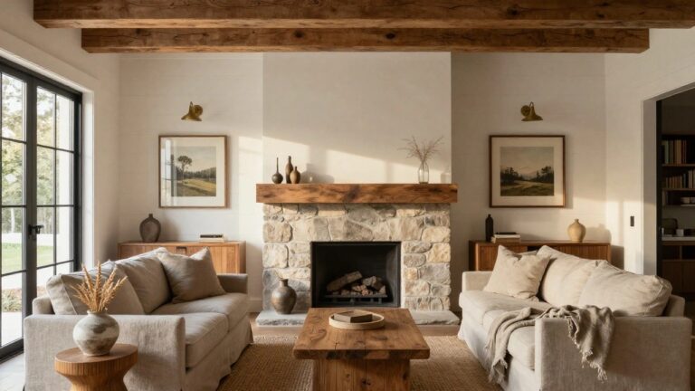 Modern farmhouse living room with a beige stacked stone fireplace under a wooden mantel, flanked by white walls, exposed wooden ceiling beams, cream sofas, jute rug, and potted plants on wood floors.