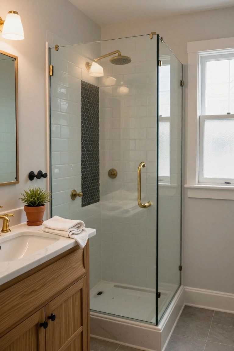 Compact bathroom with corner frameless glass shower enclosure, white subway tile walls accented by black hexagonal tiles, brass rain shower head and fixtures, light wood vanity, folded towels, and potted plant.