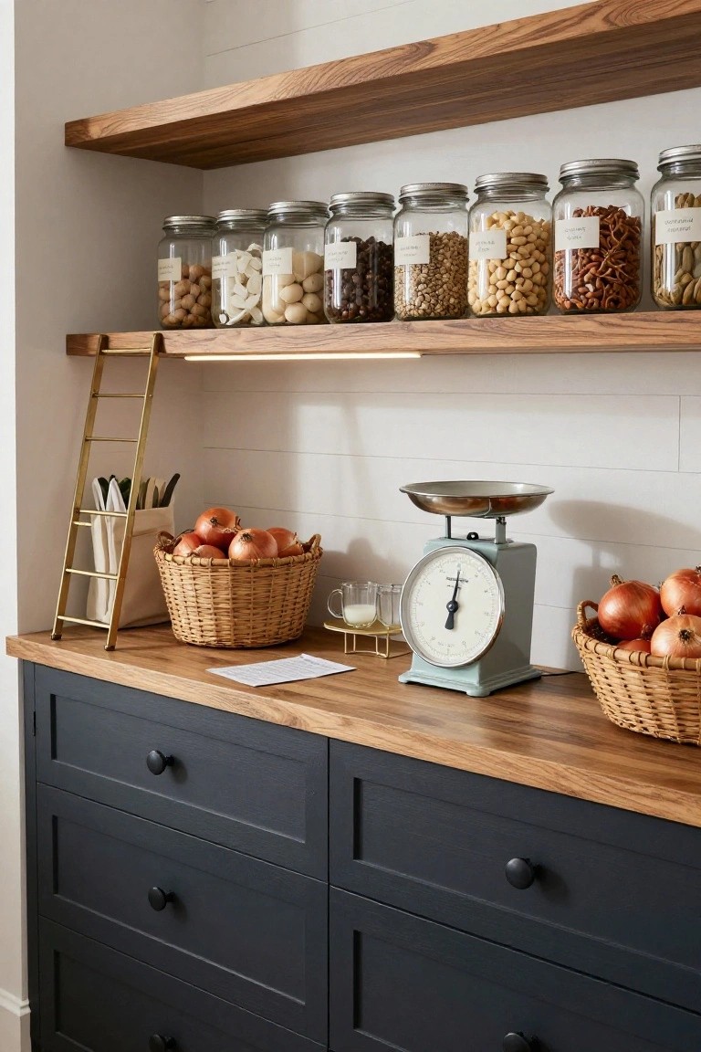 Kitchen pantry with wooden open shelves holding labeled glass jars of nuts, beans, dried mushrooms, and snacks, a teal vintage balance scale on the wooden countertop, wicker baskets of oranges and onions, gold ladder with utensils, against a white shiplap wall and dark cabinetry.