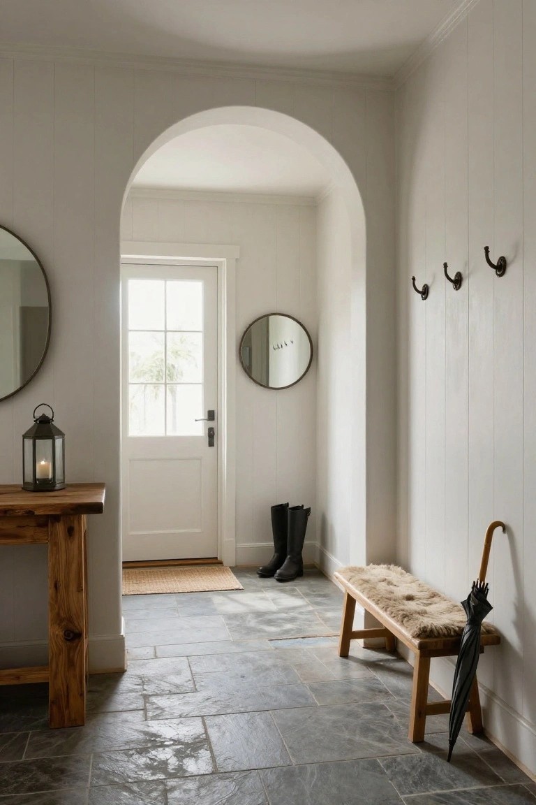 White paneled entryway with arched opening, two round mirrors on wall, wood console table holding lantern, front door with window showing palm tree outside, black rubber boots on floor, wood bench with sheepskin seat, and black umbrella leaning nearby on slate tile floor.