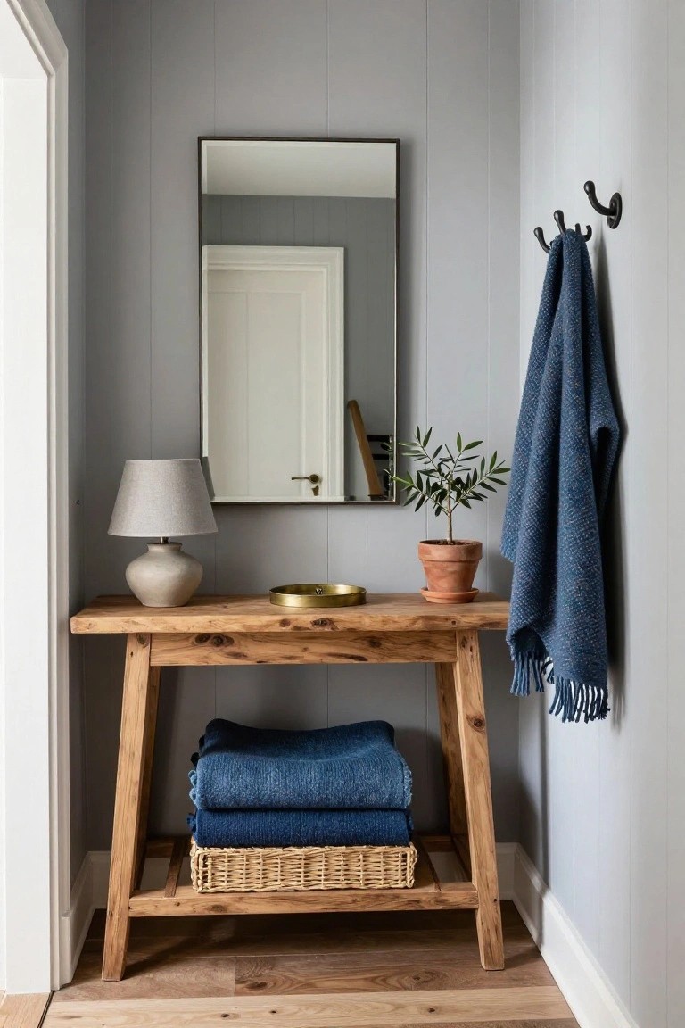 A rustic wooden console table in a narrow gray-paneled hallway holds a lamp, gold tray, and potted olive tree on top, with folded blue blankets in a woven basket underneath, a round mirror mounted above, and a blue towel draped over wall hooks.