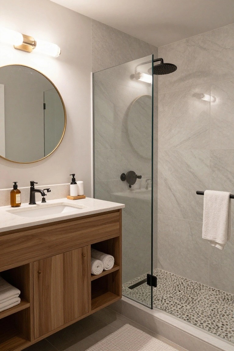 Modern bathroom with wooden vanity cabinet, black faucet and shower fixtures, round gold mirror, glass shower enclosure, gray stone tile walls, and pebble shower floor.