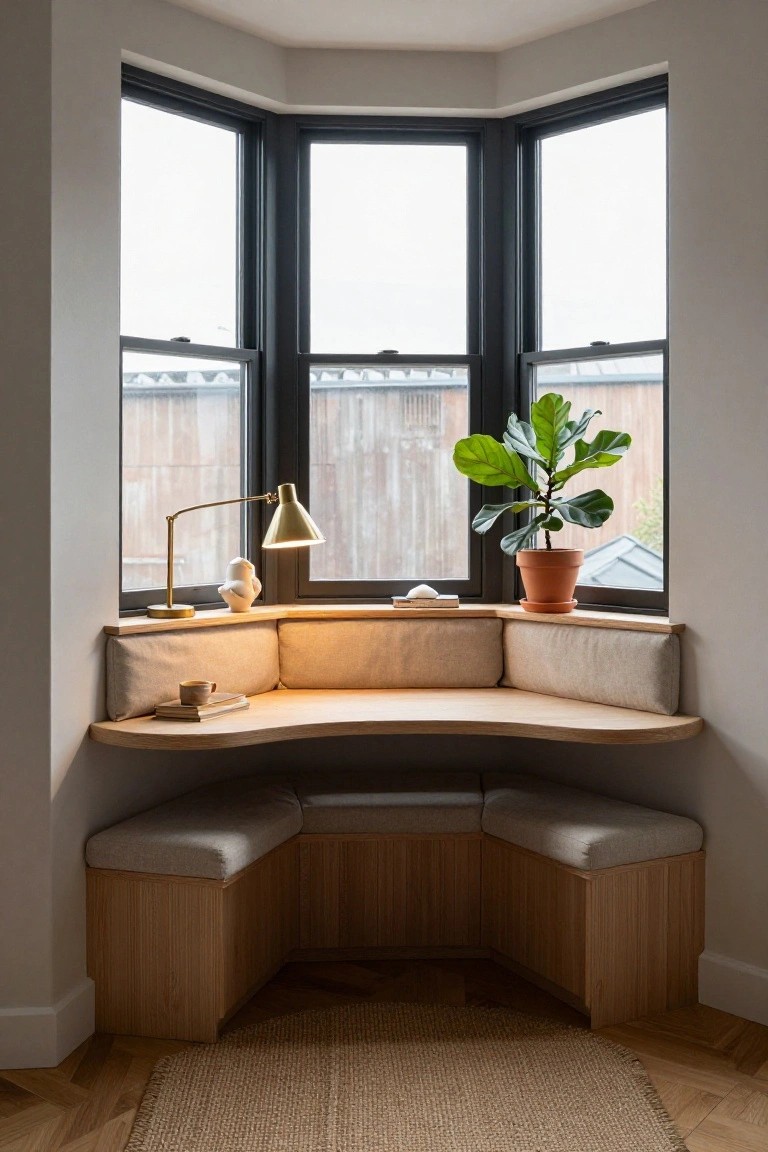 Curved wooden built-in desk with cushioned bench seating in a bay window area, featuring black window frames, a gold desk lamp, a potted fiddle leaf fig plant, books, and a cup on the desk surface.