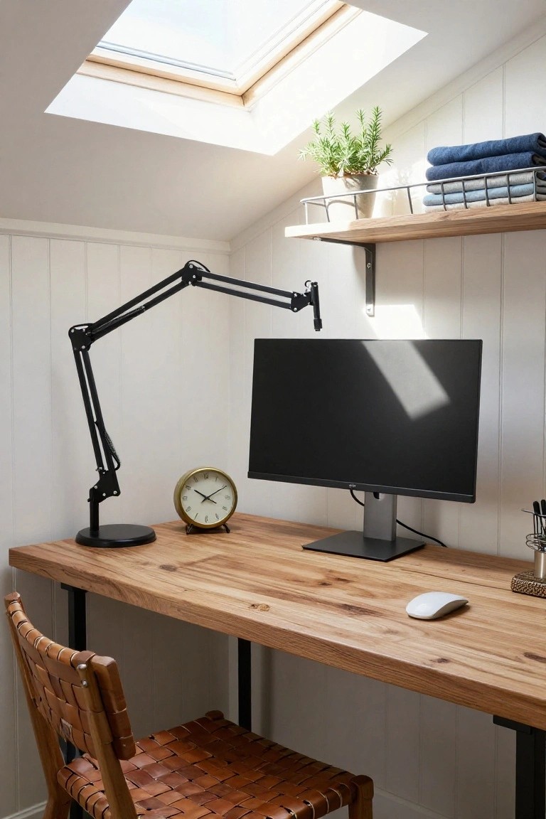Attic home office with wooden desk on metal legs, white computer monitor, adjustable black desk lamp, gold clock, woven leather chair, wooden shelves holding plant and folded towels, and skylight overhead.