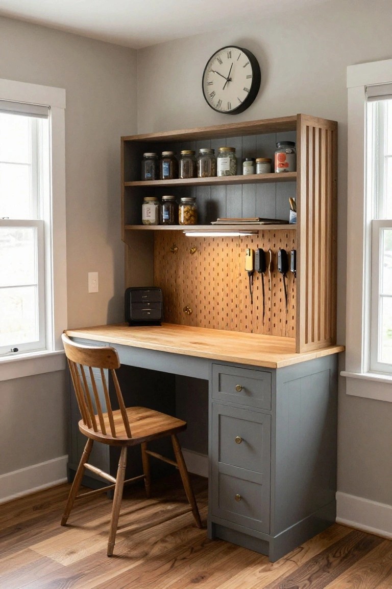 Corner home office with gray built-in desk topped by light wood, wooden chair, open shelves holding jars, pegboard wall with hooks and chargers, black drawer unit, and wall clock in a light gray room with two windows.