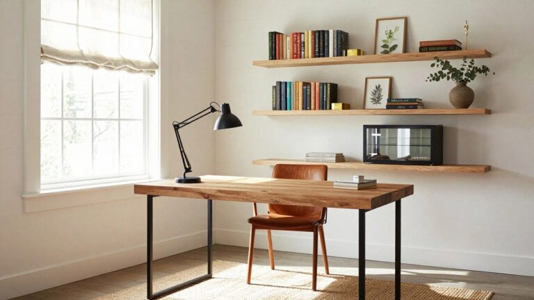 Bright home office with wooden desk on black hairpin legs, tan leather swivel chair, floating oak shelves holding books and plants, black desk lamp, large window with linen roman shade, and eucalyptus in terracotta pot on desk.
