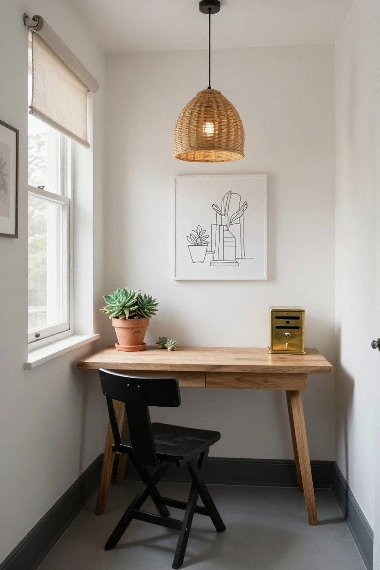 A compact wooden desk with black folding chair in a white corner room, next to a window with roller shade, potted succulents, rattan pendant light, line drawing artwork, and gold mailbox on the desk.
