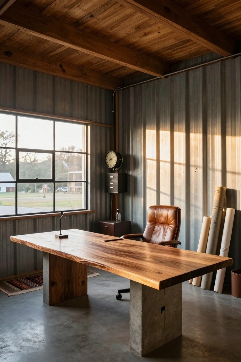 A home office in a corrugated metal building featuring a large live-edge wood desk on concrete pedestal bases, tan leather chair, wall clock, and window with view of rural buildings and trees.