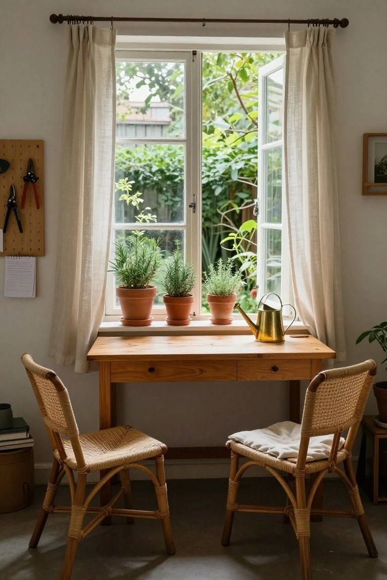 Wooden desk with two rattan chairs positioned in front of an open window, terracotta pots of rosemary and thyme herbs on the wide windowsill, brass watering can on the desk, and garden tools on a wall-mounted board in a light-filled room.