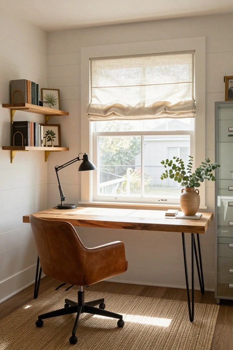 Bright home office with wooden desk on black hairpin legs, tan leather swivel chair, floating oak shelves holding books and plants, black desk lamp, large window with linen roman shade, and eucalyptus in terracotta pot on desk.