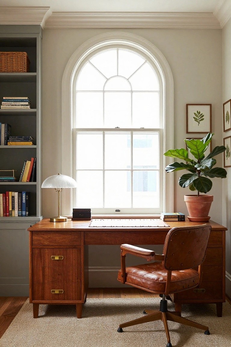 Home office with wooden desk featuring brass hardware, brown leather swivel chair, gray built-in bookshelves with books and baskets, white pleated lamp on desk, large arched window, and potted fiddle leaf fig plant in terracotta pot.
