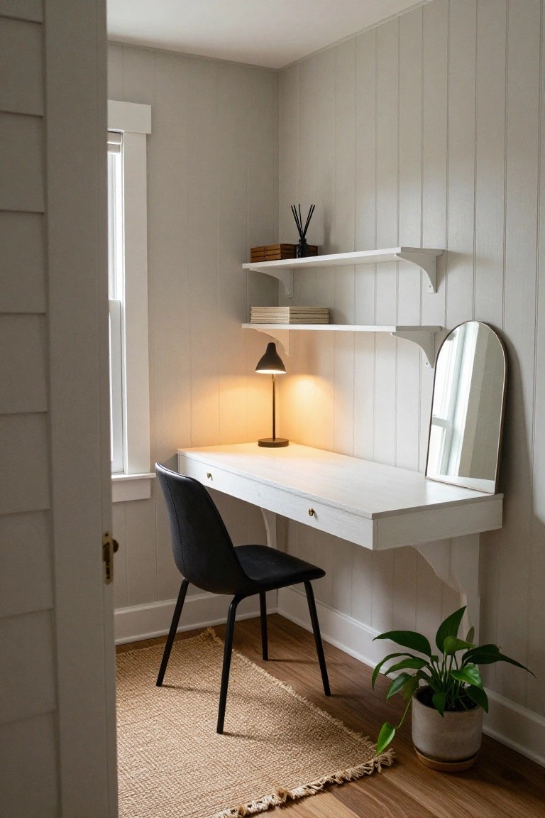 A compact home office corner with a white floating desk, black swivel chair, wall-mounted shelves holding books and decor, arched mirror, desk lamp, reed diffuser, and potted plant on beige rug over wood floors with light gray paneled walls and open door.