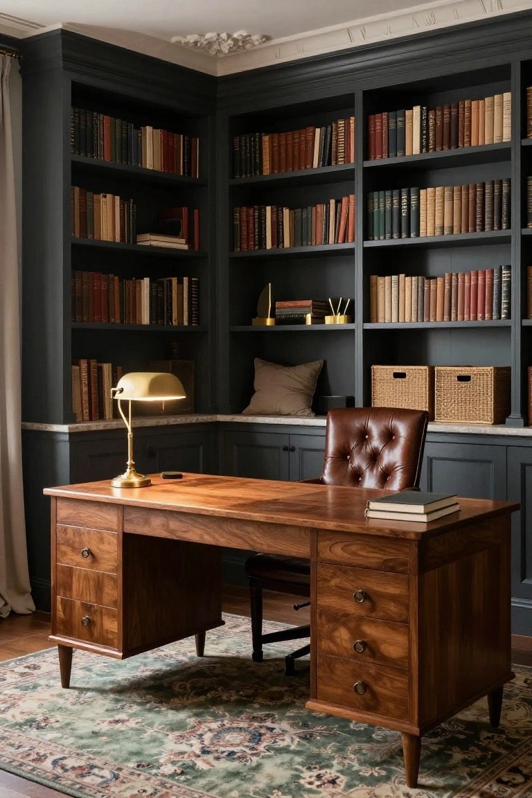 Home office with dark floor-to-ceiling bookshelves filled with books, a large walnut executive desk with brass pulls, tufted brown leather chair, brass banker's lamp, and green patterned rug on wood floor.