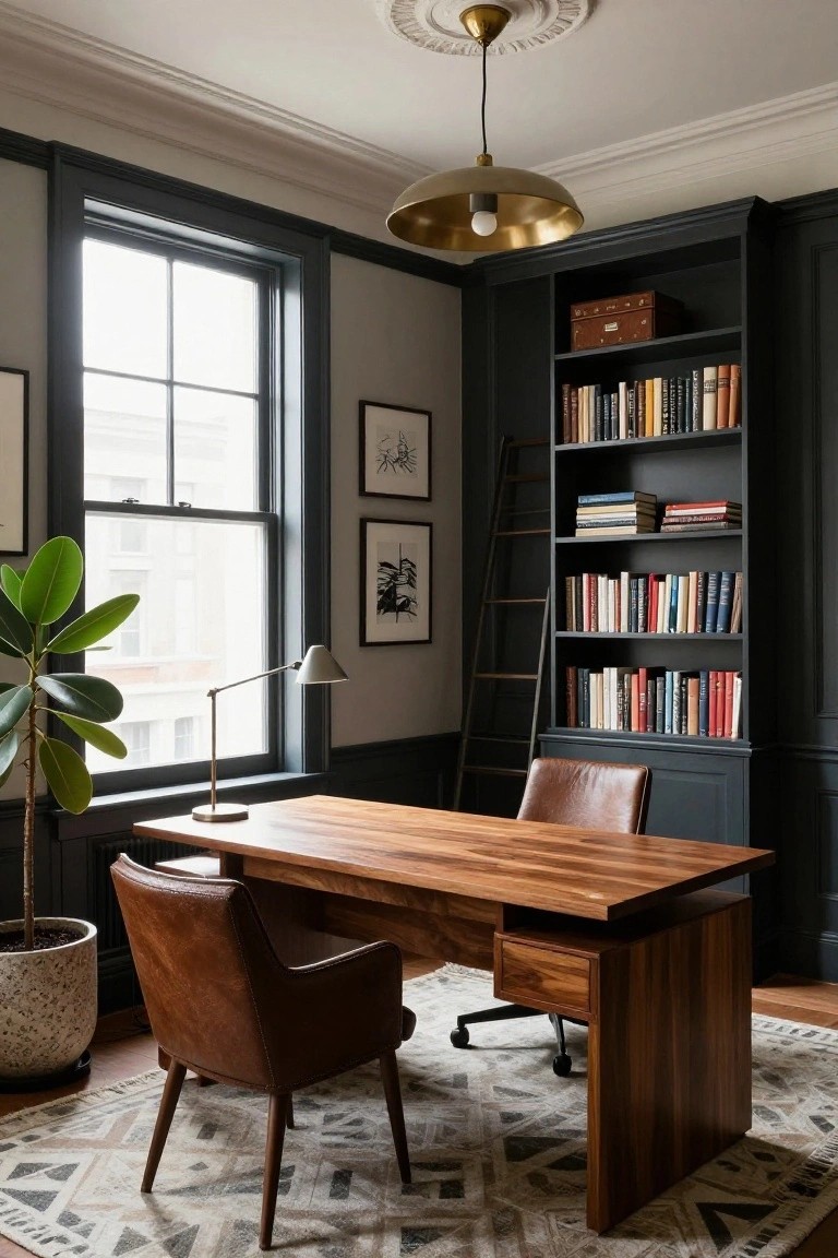 Home office with dark navy built-in bookshelves including a wooden ladder, walnut desk, brown leather armchair, office chair, potted plant, desk lamp, and window with artwork nearby.