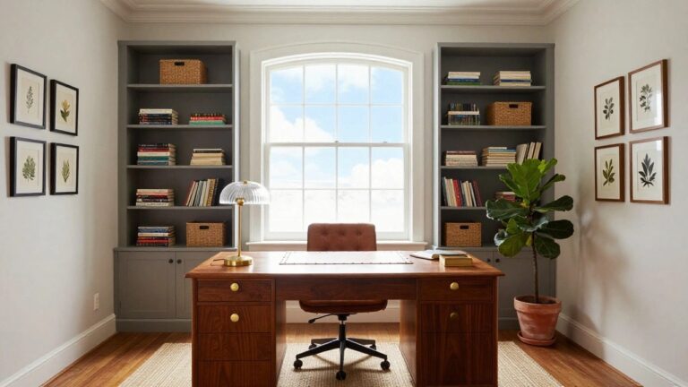 Home office with wooden desk featuring brass hardware, brown leather swivel chair, gray built-in bookshelves with books and baskets, white pleated lamp on desk, large arched window, and potted fiddle leaf fig plant in terracotta pot.