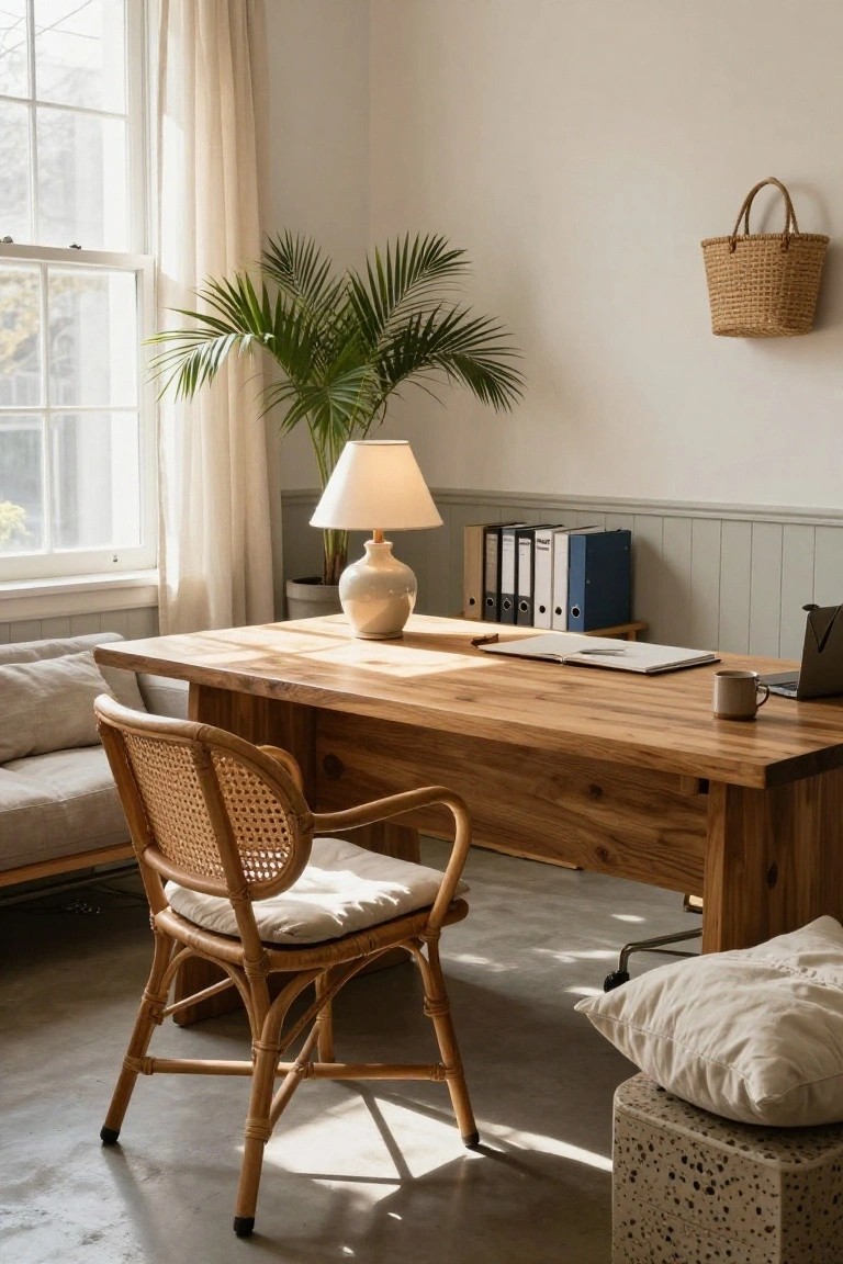 Sunlit home office corner with large wooden desk, rattan armchair with white cushion, potted palm plant, ceramic lamp, coffee mug, laptop, open notebook, and shelves of binders on pale wall with green trim.
