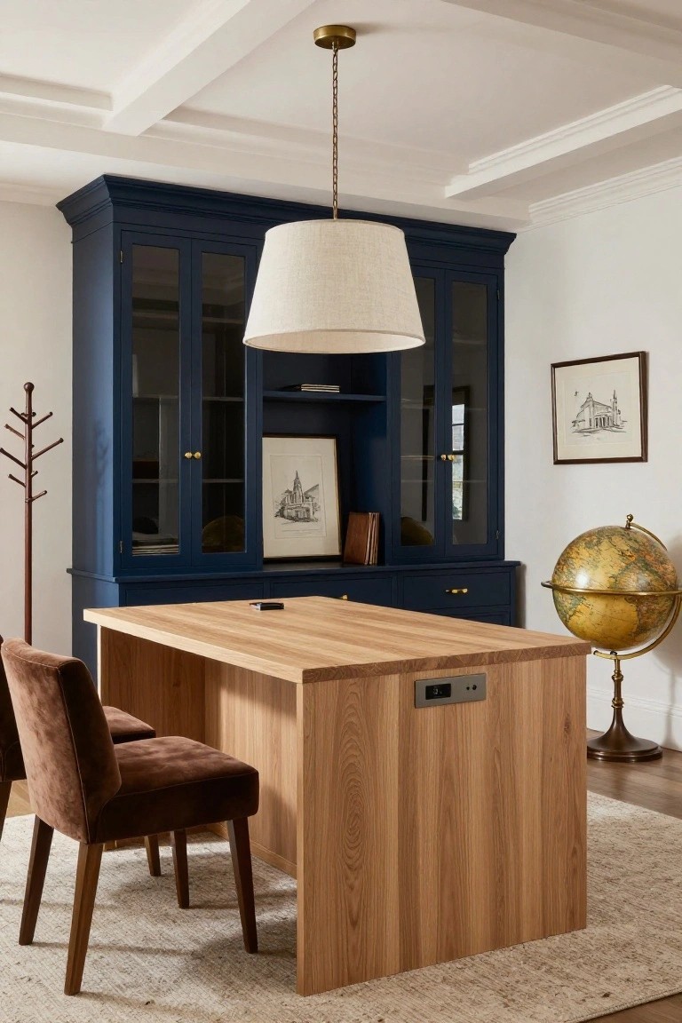 Home office with tall navy blue wooden hutch featuring glass doors and open shelves behind a light wood desk with integrated power strip, brown velvet chair, globe on stand, coat rack, and beige area rug on wood floor.
