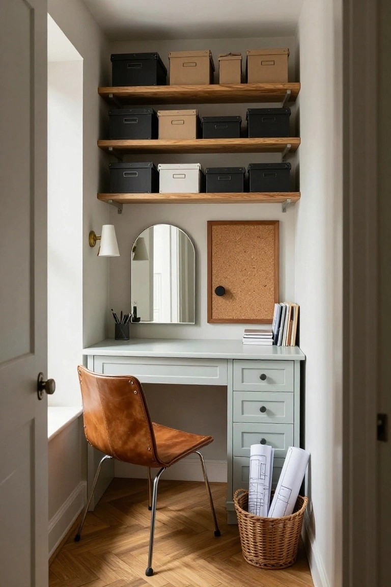 Narrow indoor alcove converted into a home office with light blue desk, brown leather chair, wall-mounted oak shelves holding assorted beige black and white storage boxes, round mirror, corkboard, books, pens, and rolled papers in a wicker basket on herringbone wood floor.