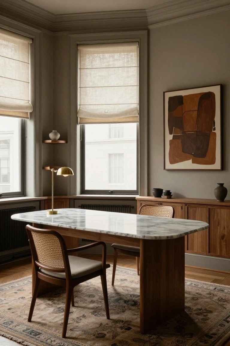 Corner home office with oval white marble-topped wooden desk, rattan armchair, gold desk lamp, linen roller shades on two tall windows, abstract wall art, wooden cabinets, and ceramic vases.