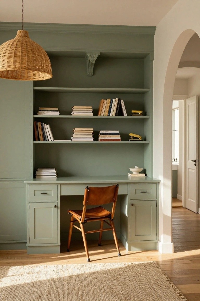 Sage green painted built-in bookcase with upper shelves holding stacked books and office supplies, a desktop with stacked papers and a white bowl, lower cabinets and drawers, tan leather chair pulled up, oak wood floors, seagrass rug, rattan pendant light overhead, and white arched doorway to another room.
