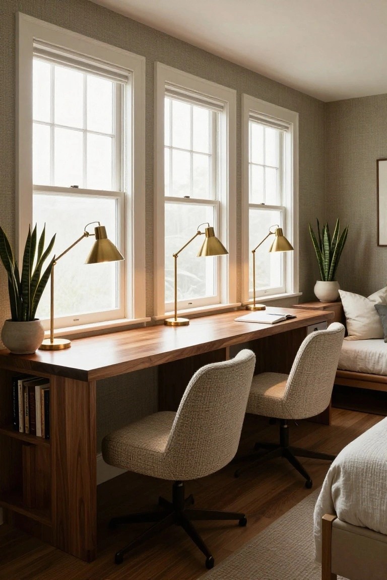 A transitional home office with a long walnut desk built into the wall under three large white-framed windows, two cream swivel chairs, gold adjustable desk lamps, potted snake plants, built-in bookshelves, and a low bed nearby on hardwood floors.