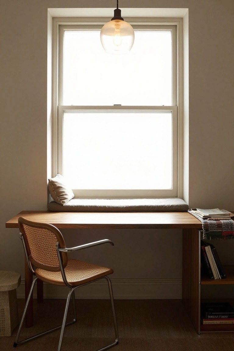 Home office with wooden desk extending from a cushioned window seat under a large window, rattan armchair, bookshelves with books, pendant light, and neutral walls.