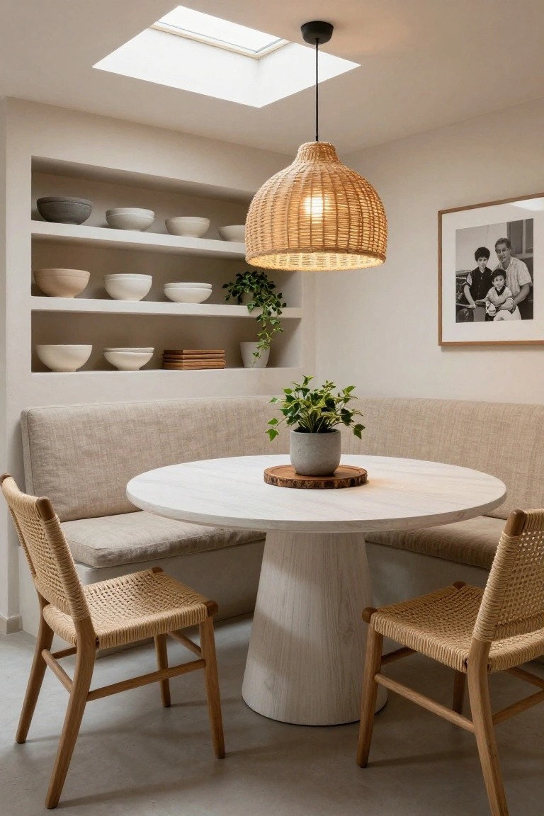 Modern dining nook with round table, woven chairs, and built-in bench.