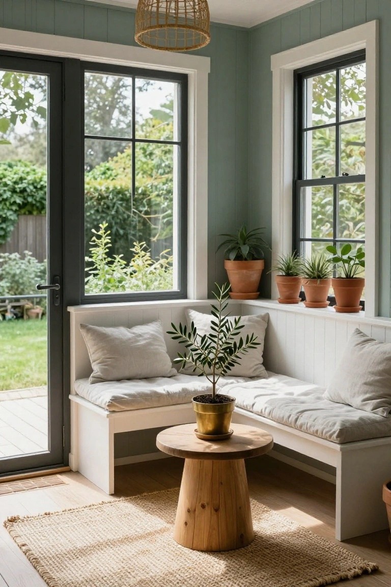 Sage green paneled room with white built-in corner bench, beige cushions, small wooden pedestal table holding potted olive tree, potted plants on windowsills, large black-framed windows and door overlooking lush green garden.