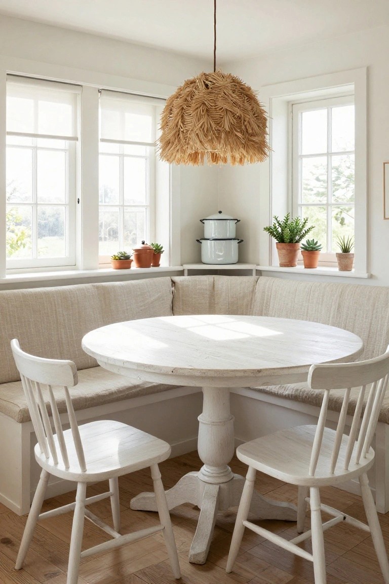 Bright kitchen nook with beige linen-upholstered corner booth seating around a white round pedestal table, two matching white chairs, large windows with plants on sills, and a rattan pendant light overhead.