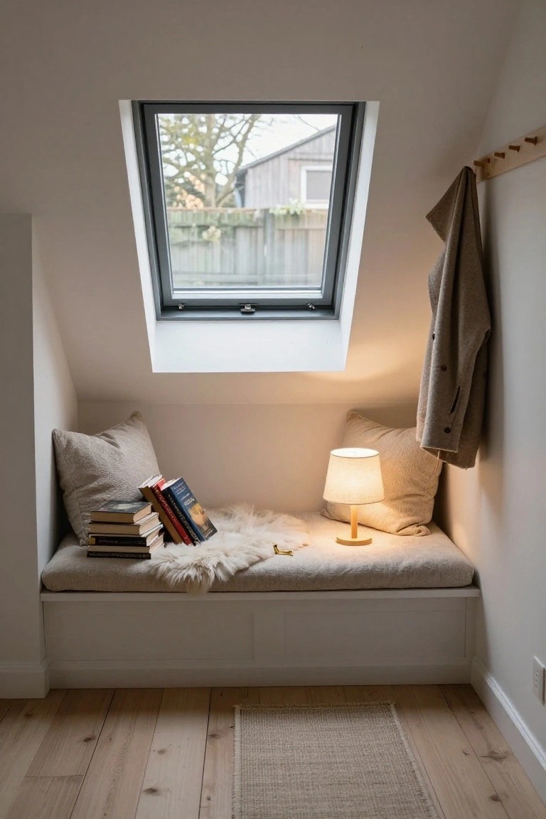Attic room featuring built-in window seat under skylight with linen cushions, stacked books, sheepskin throw, table lamp, coat on wooden wall hooks, and light wood floor with seagrass rug.